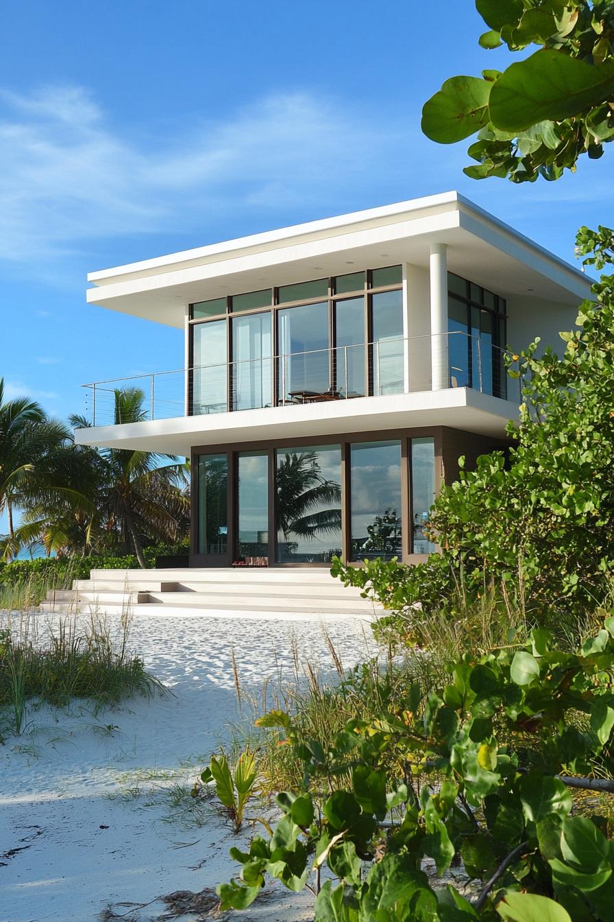 Modern beach house with large glass windows and lush surroundings