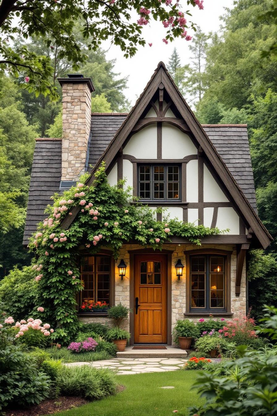 Small contemporary village house charming symmetrical facade with rustic accents structure with a quaint cottage shape natural stone and wood