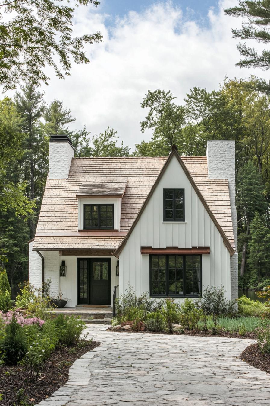 Charming white cottage with a stone path and lush greenery