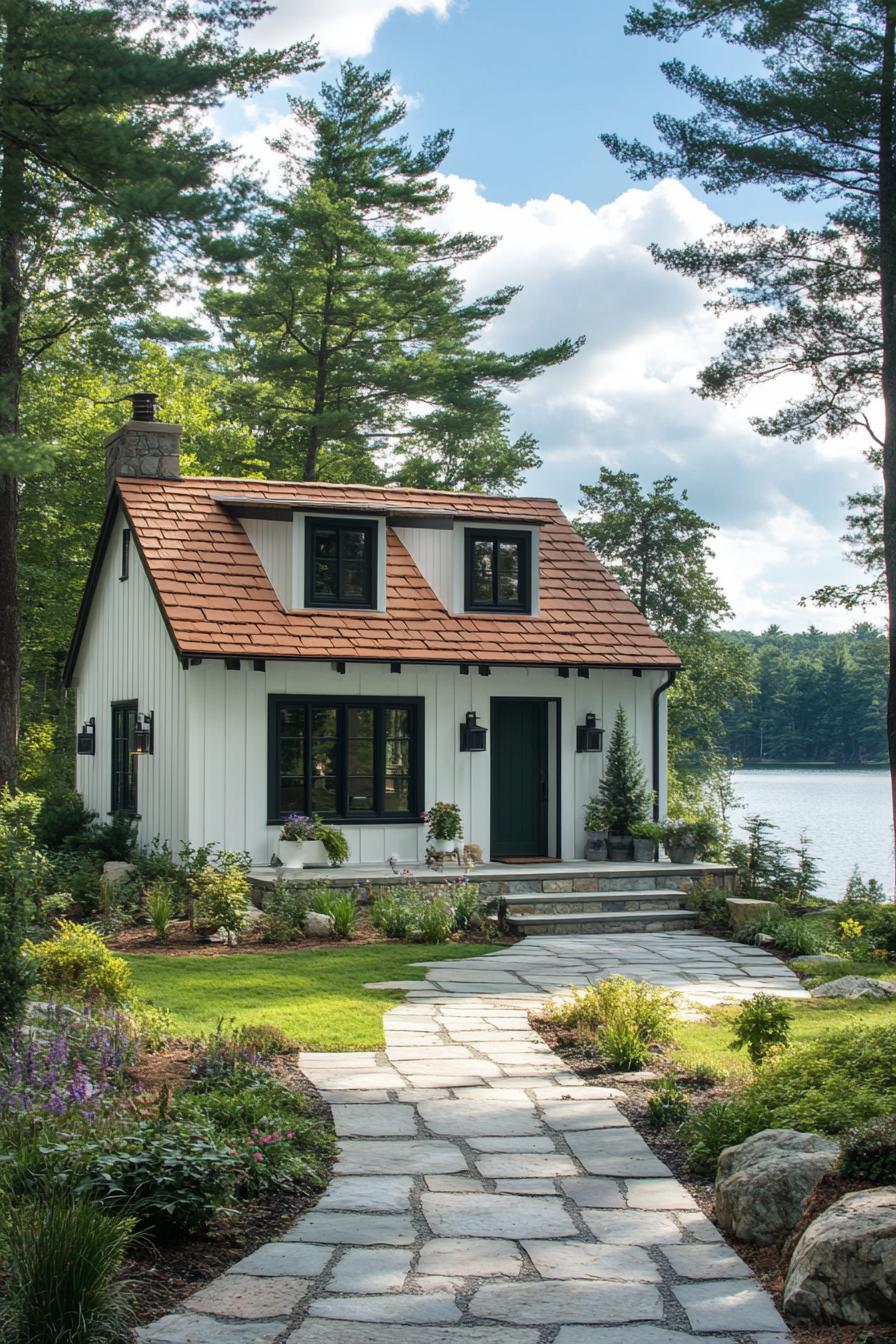 Small cottage by a lake with a garden path