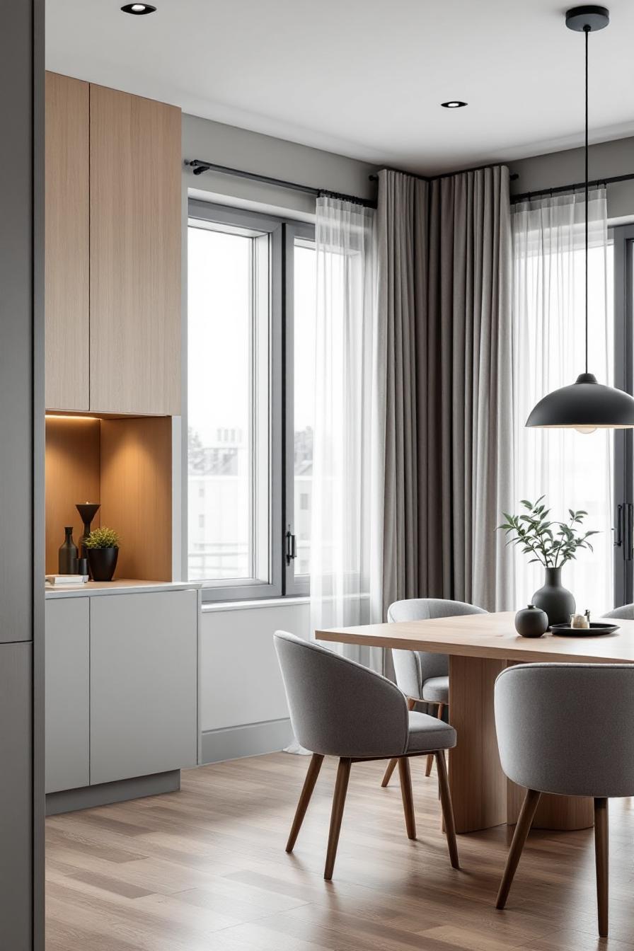 Minimalist dining area with wooden accents and soft lighting