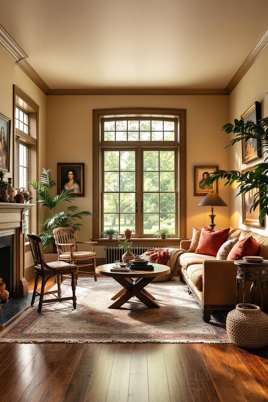 Warm and inviting colonial living room with large window and cozy seating