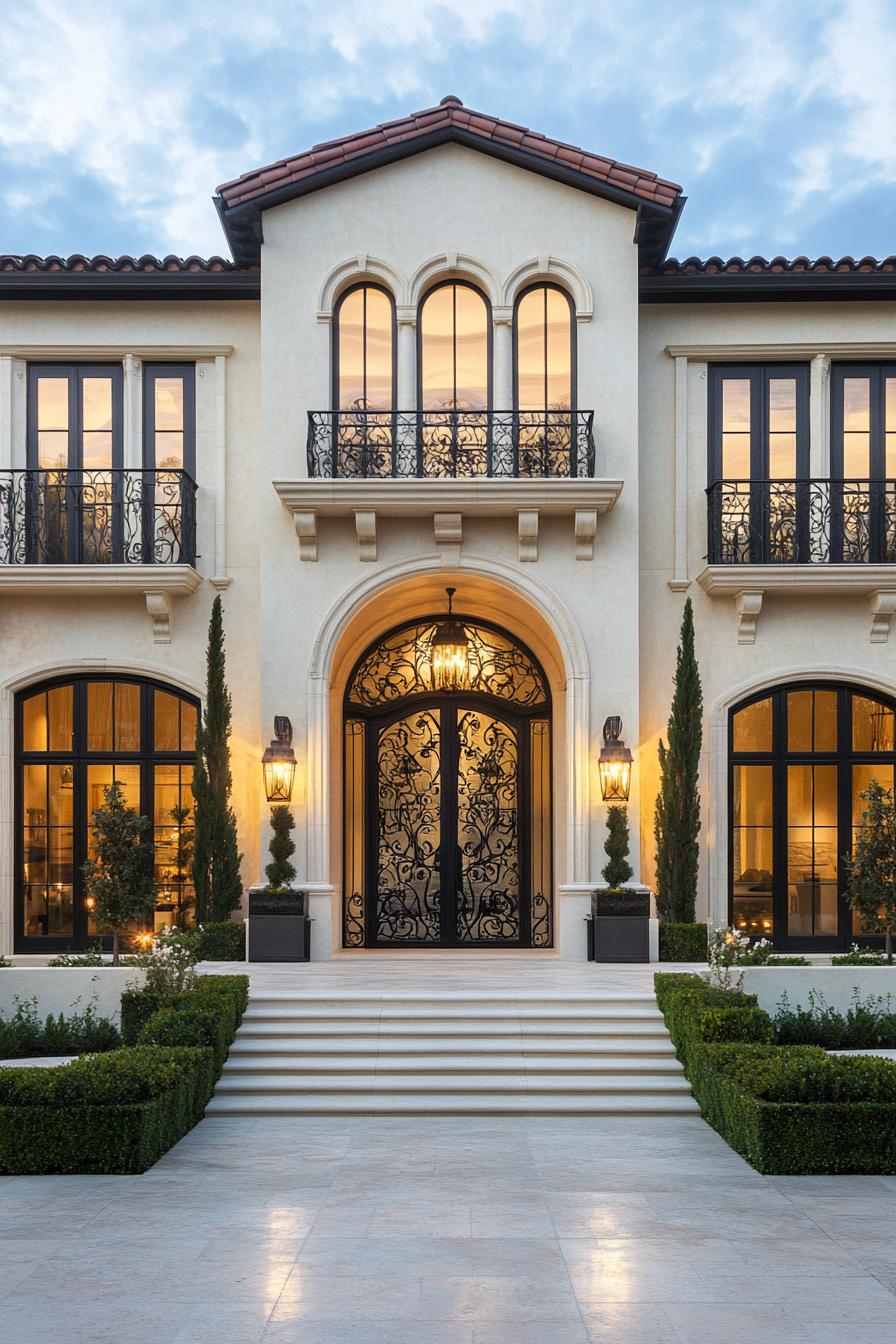 Lavish mansion entrance with ironwork and symmetrical design