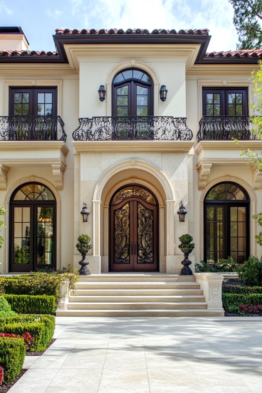 Elegant entrance to a luxury home with balconies