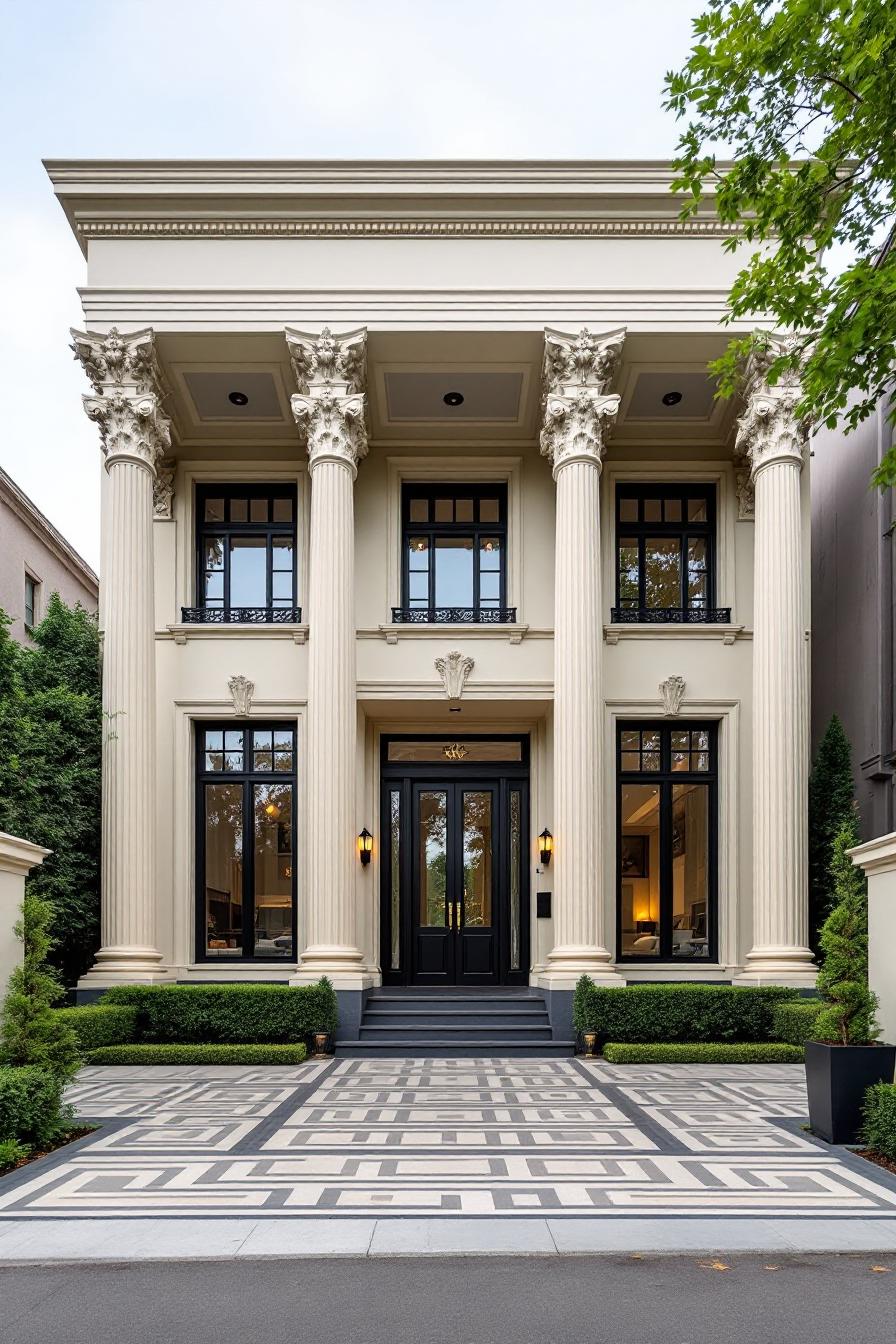 Grand entrance of a luxurious home with towering columns