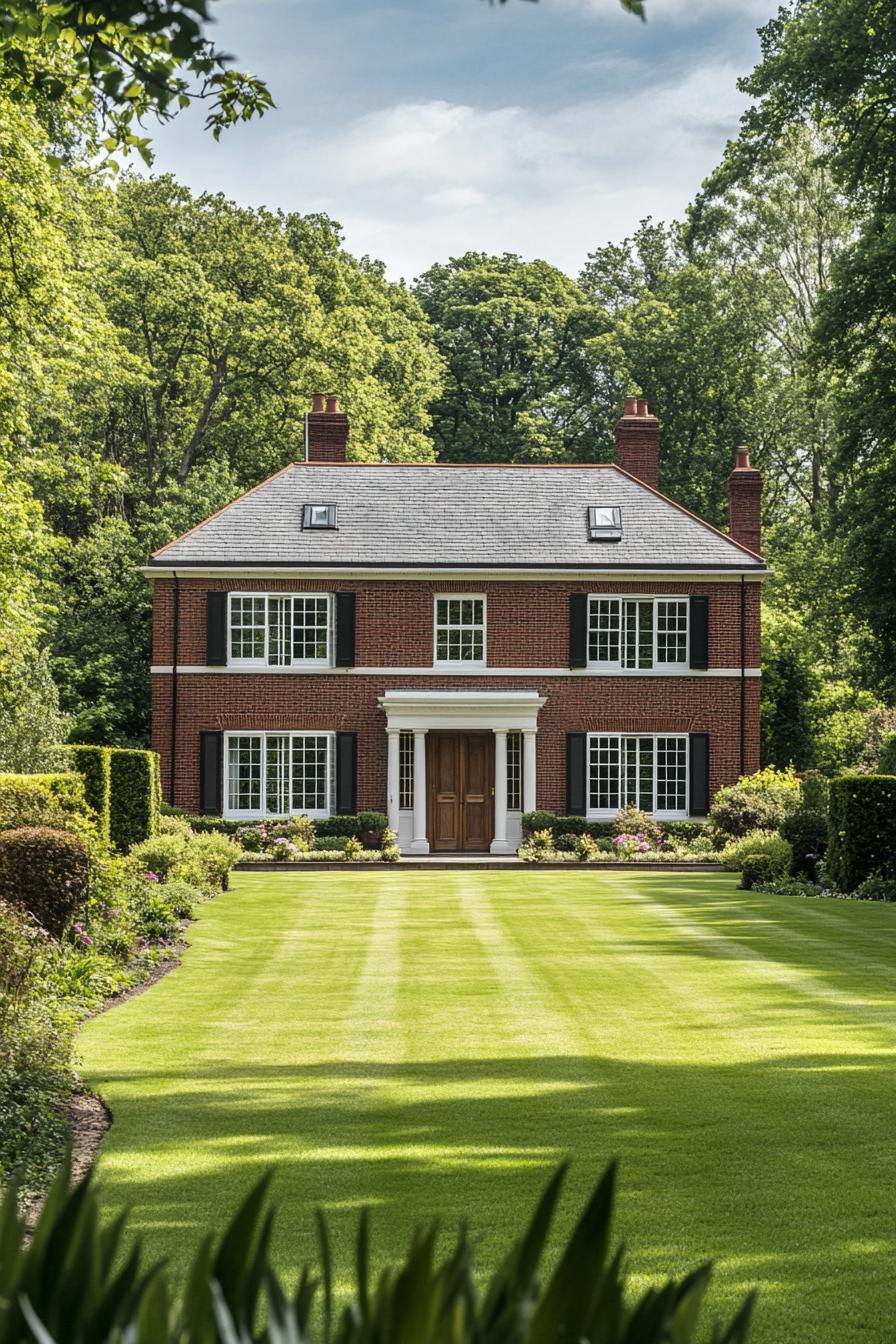 Elegant Georgian home with manicured lawn and lush surroundings