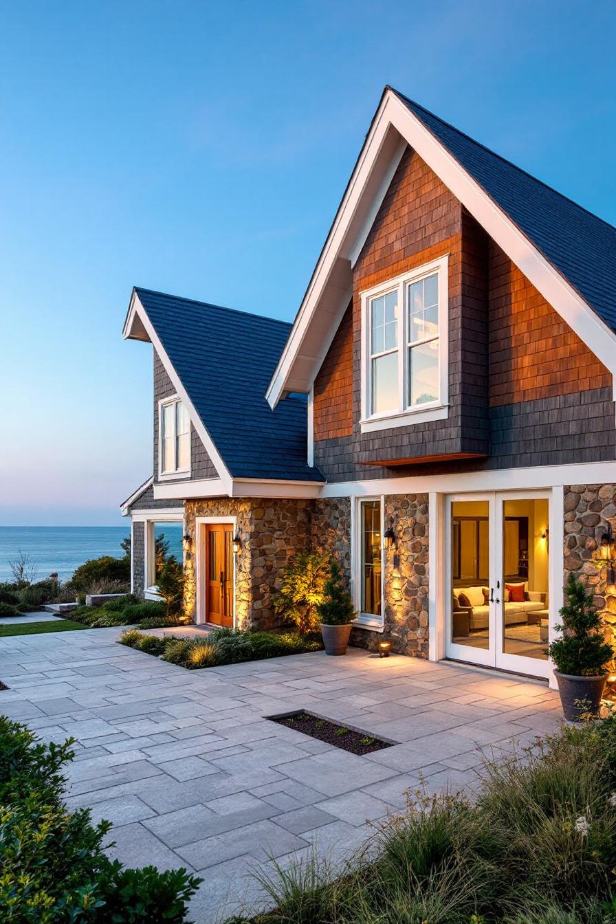 Coastal house with stone and cedar accents at sunset