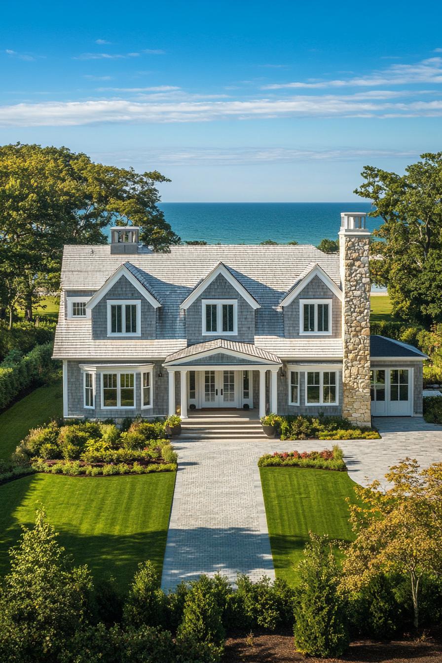 Elegant coastal house with stone chimney and ocean view