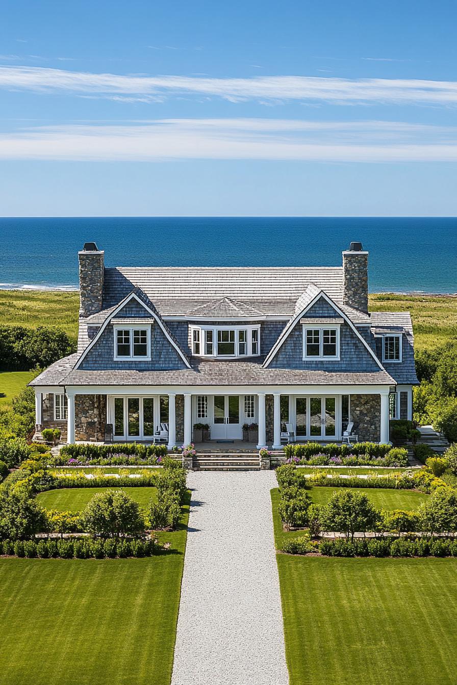 Grand house with lush gardens and ocean backdrop