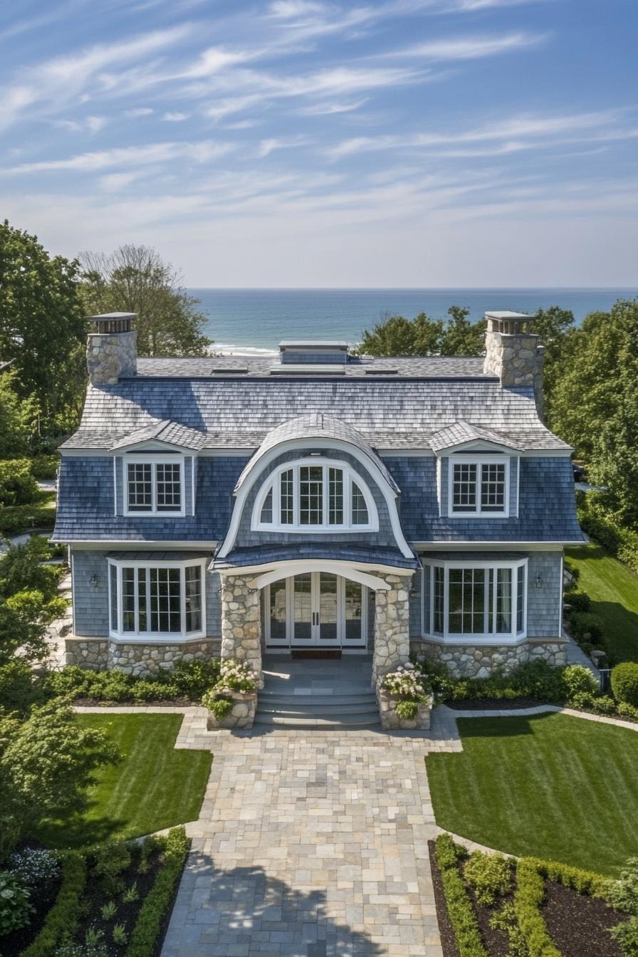 Grand house with stone facade overlooking the ocean