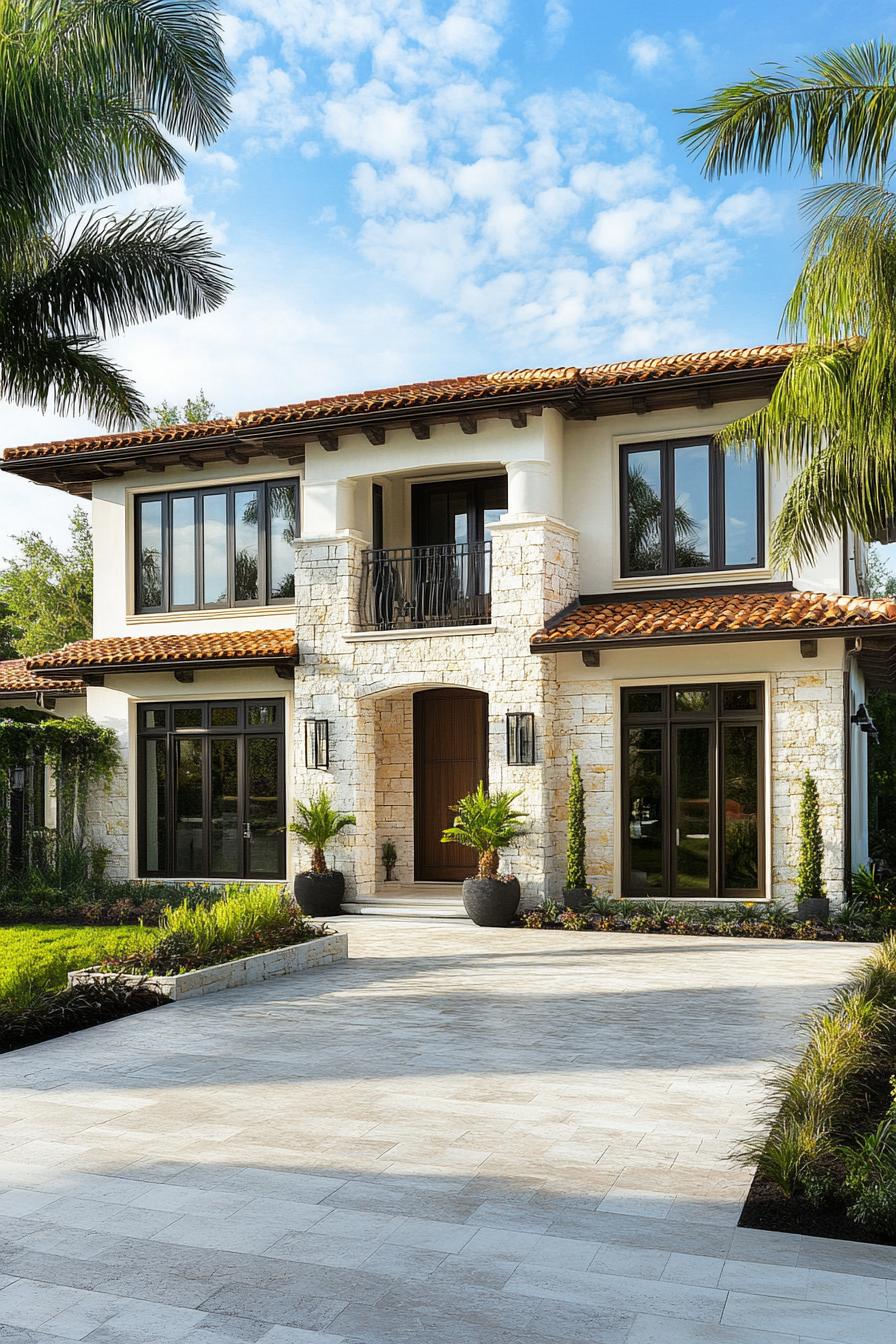 Stone facade of a Mediterranean style house with palm trees