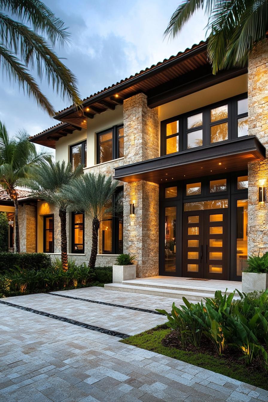 Modern Mediterranean house with stone facade and lush palm trees