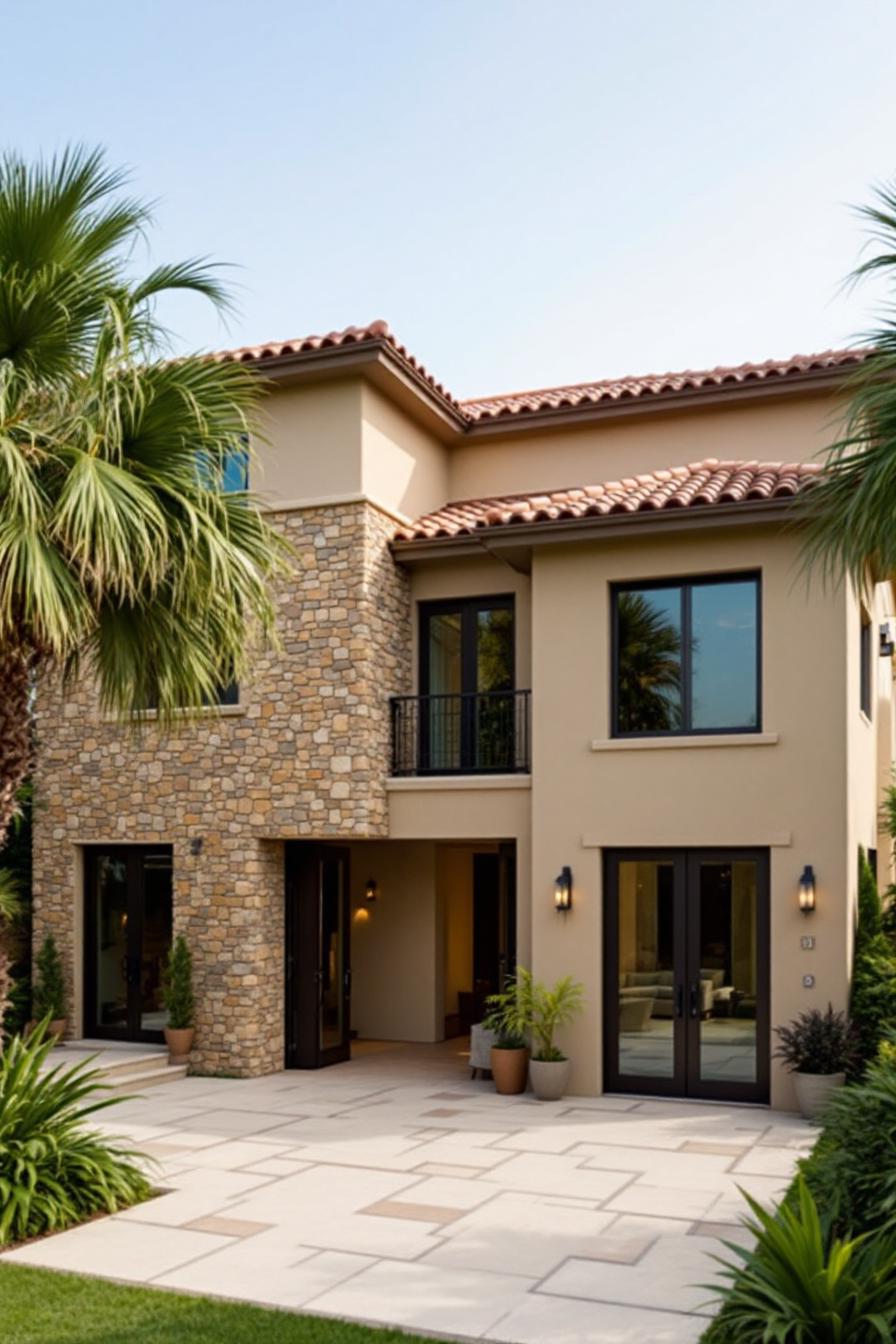 Two-story Mediterranean-style house with stone accents and a tiled roof