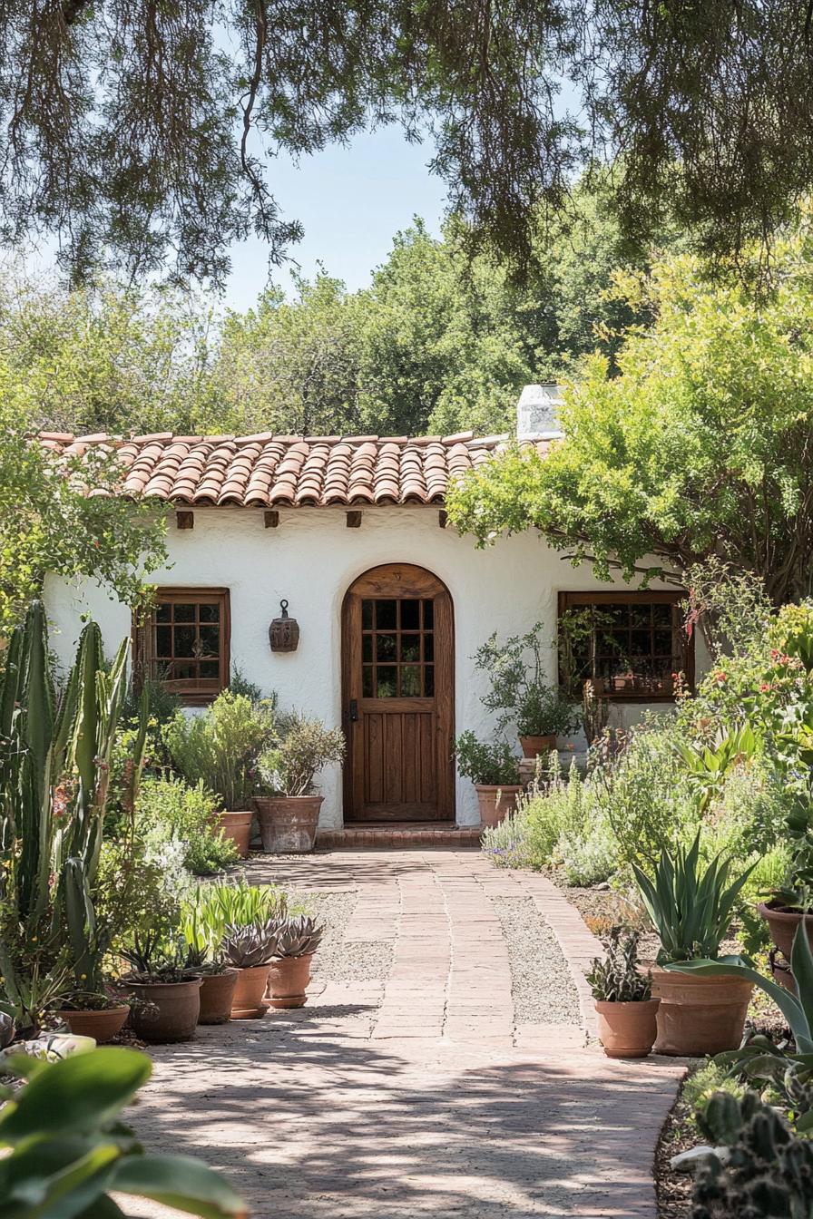 Spanish bungalow surrounded by greenery and terracotta pots