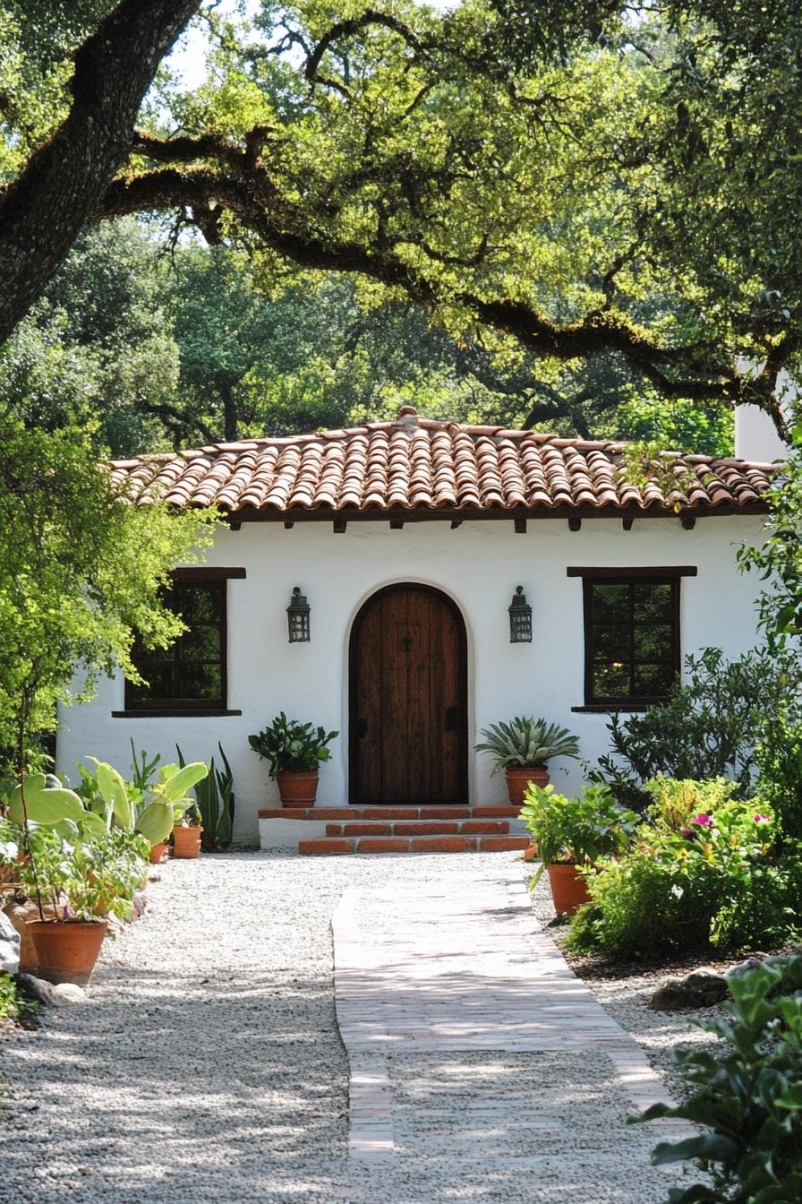 Quaint Spanish bungalow with terracotta roof nestled in lush greenery