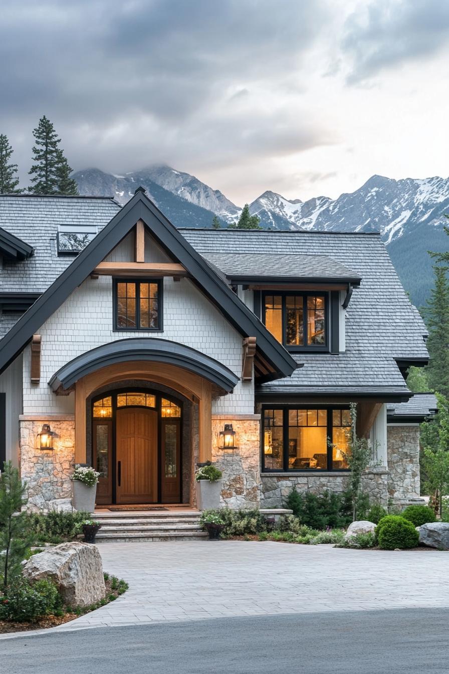 Front view of a mountain chalet with stone and wood accents