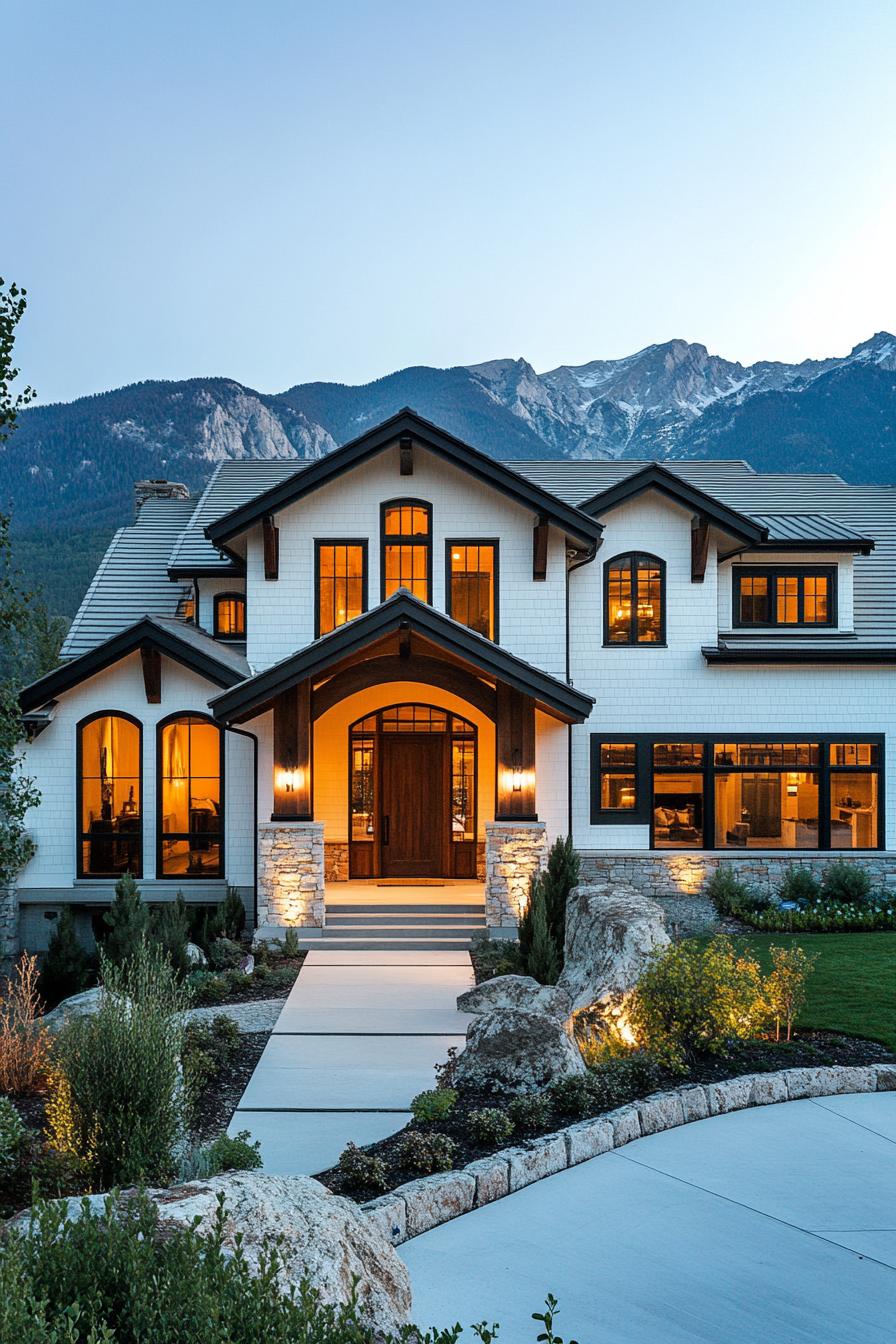 House with warm lights against mountain backdrop