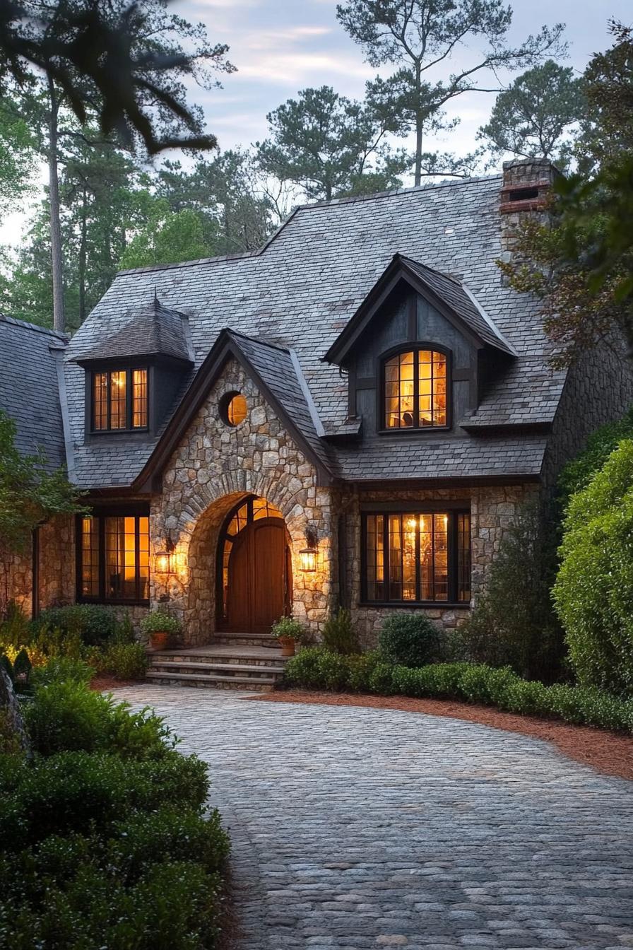 Charming stone cottage with lit windows and lush greenery