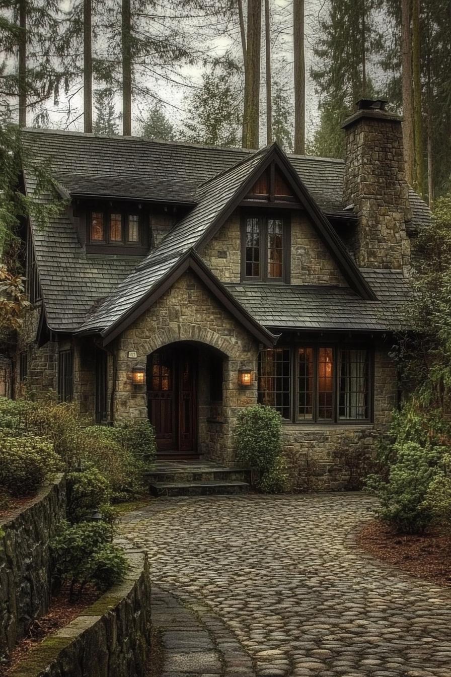 Cozy stone cottage nestled in a wooded area, with a cobblestone pathway