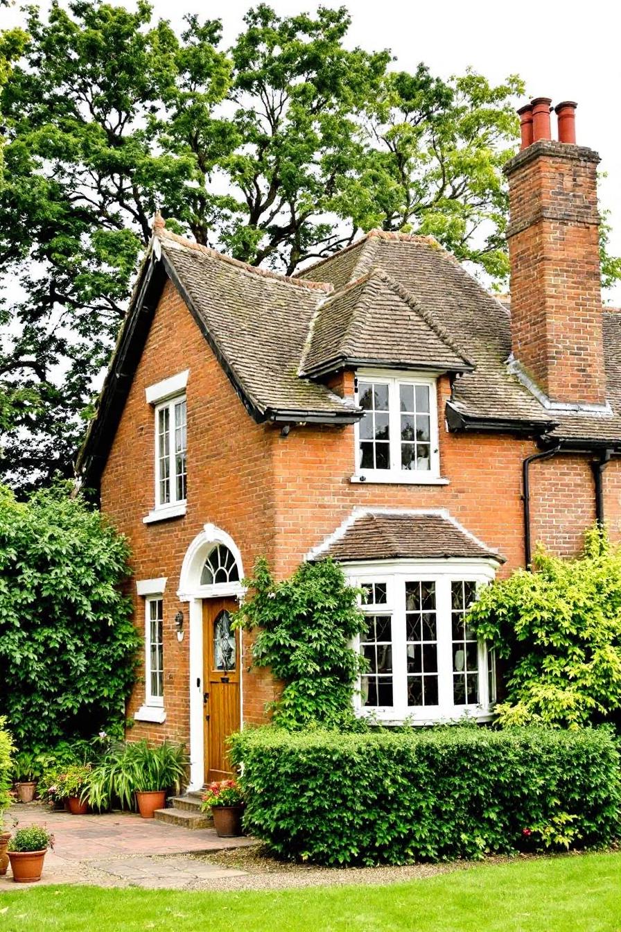 Brick cottage with lush greenery