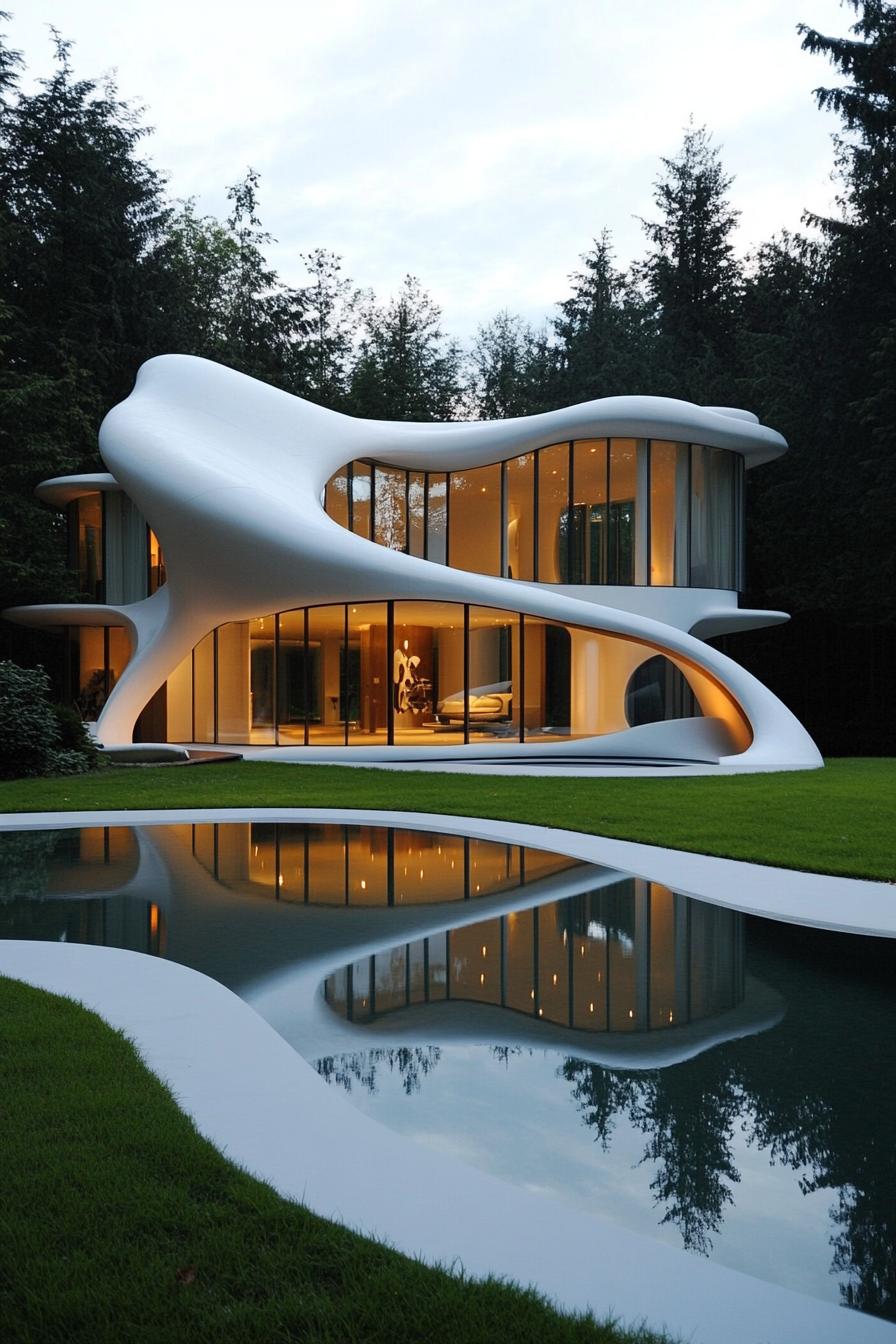 Futuristic home with fluid white curves and expansive windows