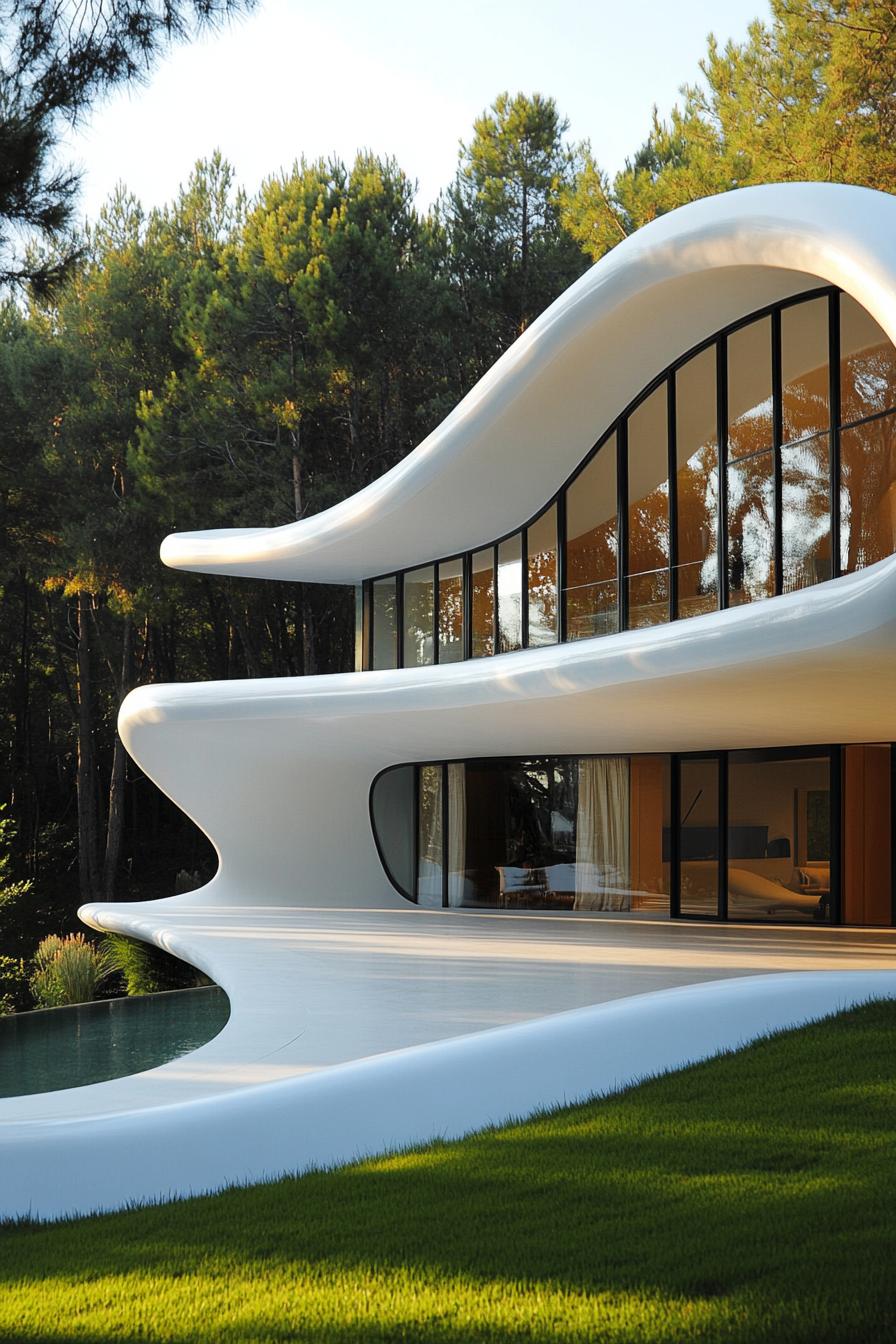 Sleek white futuristic house with curvy design in forested setting