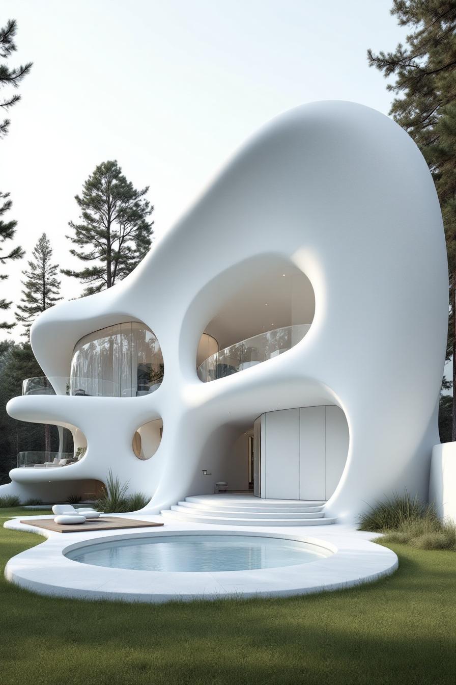 Futuristic white house with curves and large windows