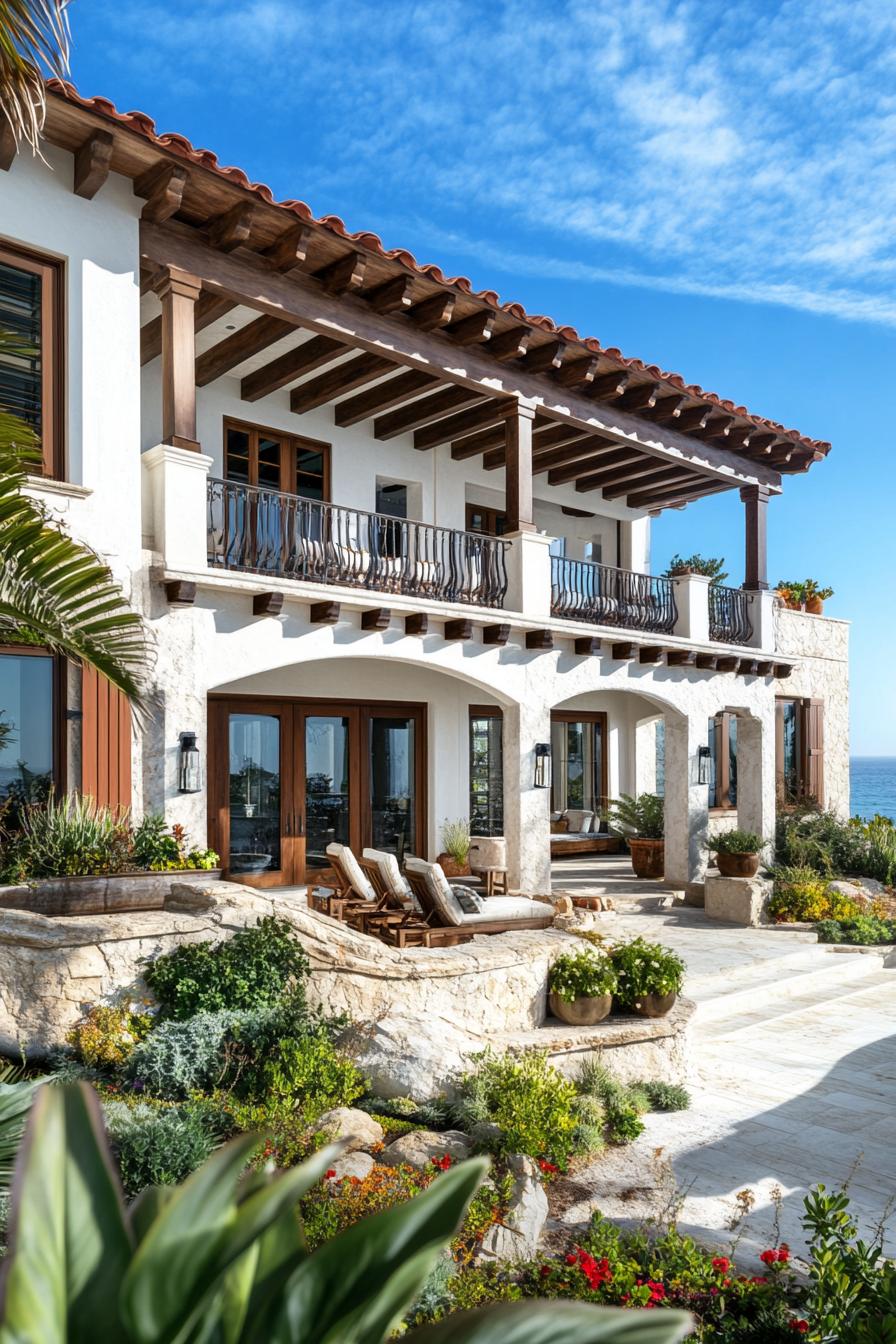 Coastal luxury home with stone accents and a lush garden