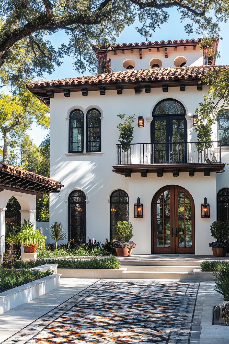 Charming Mediterranean villa with arched windows and blooming greenery