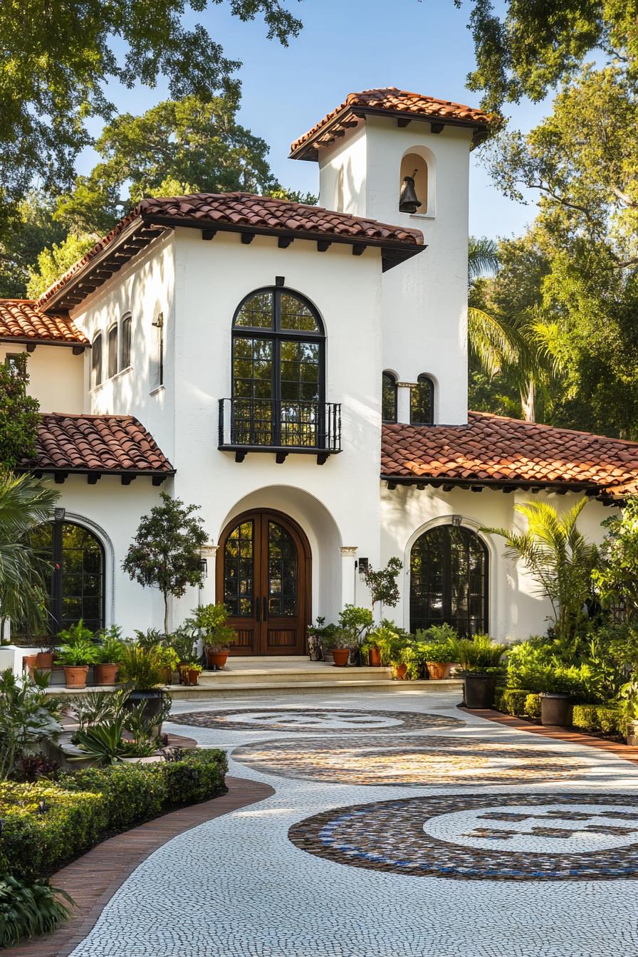 Elegant Mediterranean villa with arched windows and lush garden