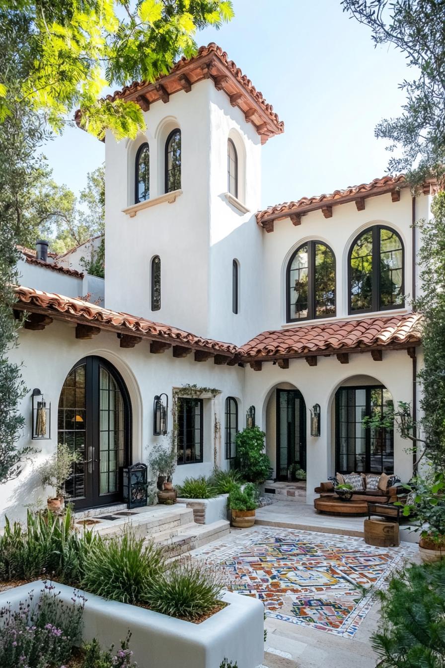 Mediterranean villa cubic two story facade with tower like element smooth white stucco finish terracotta roof tiles with gable and hipped sections