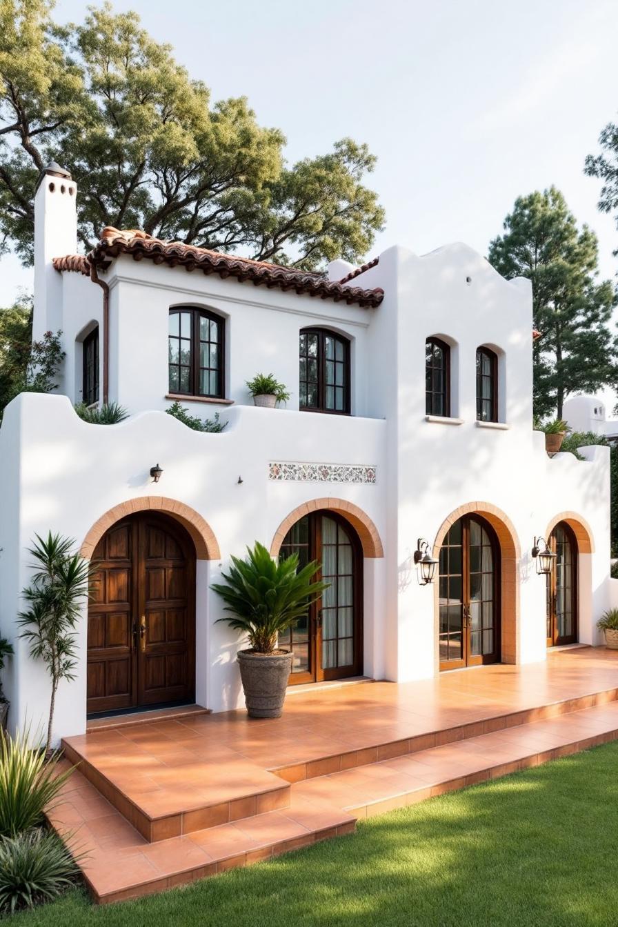 White stucco house with arched wooden doors and terracotta roof