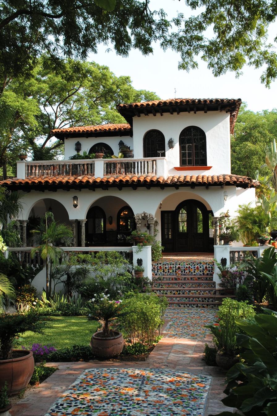 Two-story white house with vibrant tiles and lush greenery