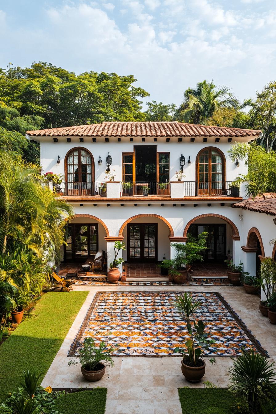 Two-story Mexican house with courtyard and greenery