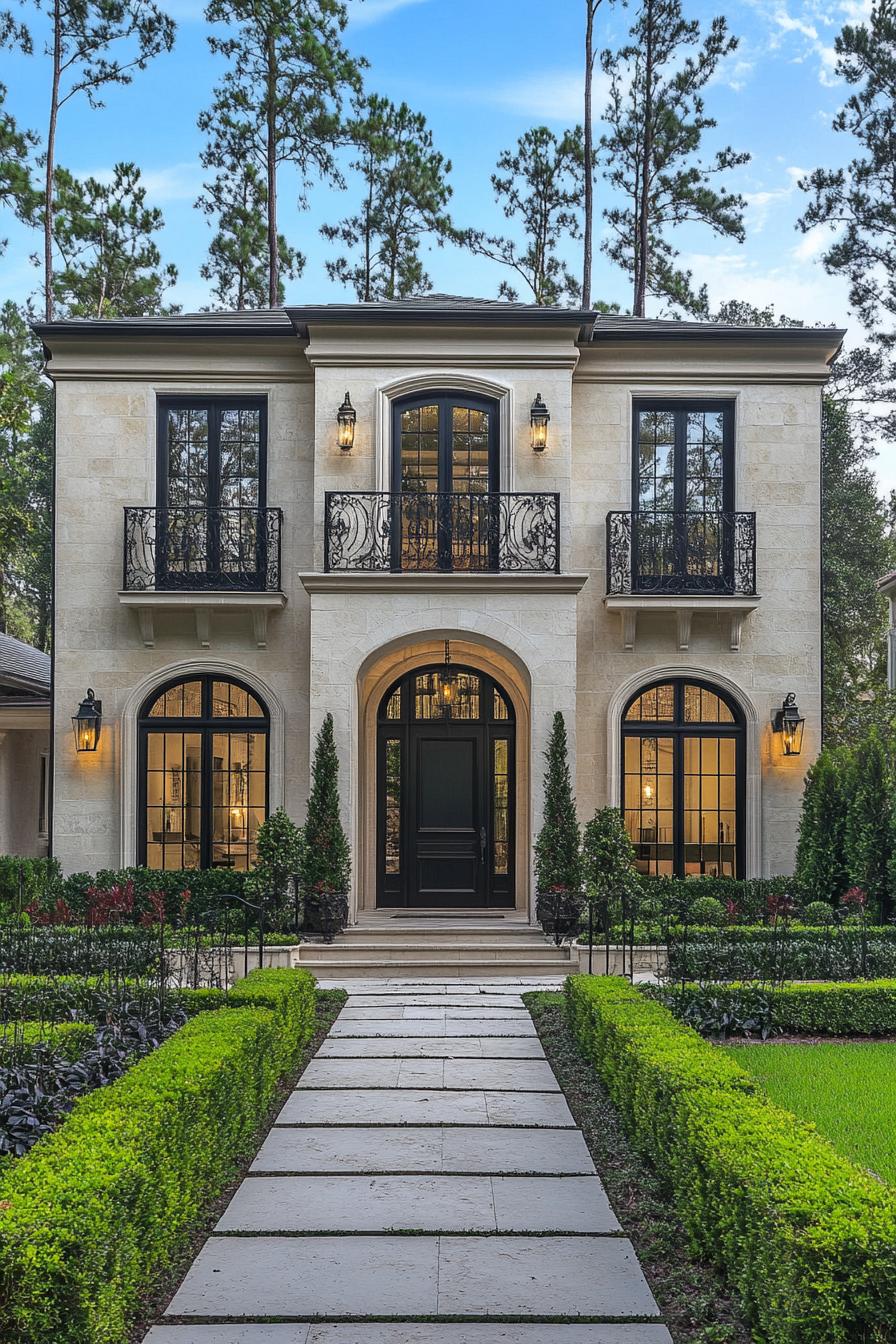 Classic French exterior with green hedges and black arched windows