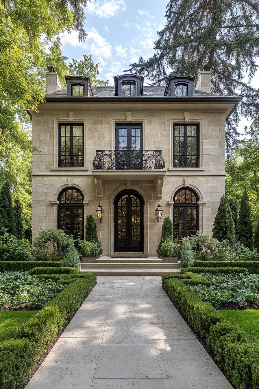 Elegant stone house with lush gardens