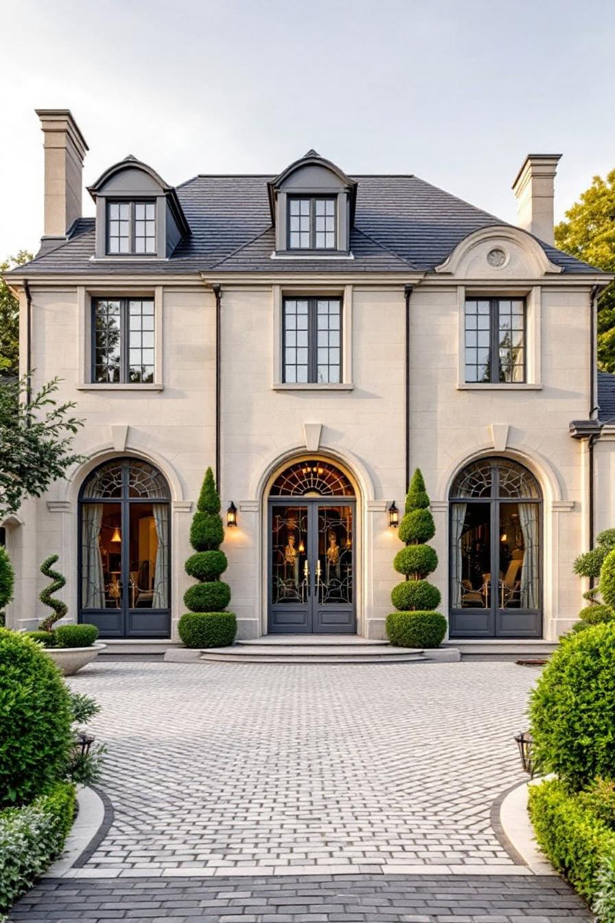 Elegant French chateau facade with ornate landscaping