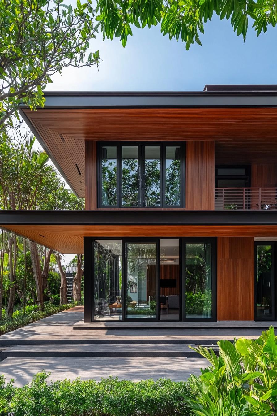 Contemporary wooden Thai house with lush greenery