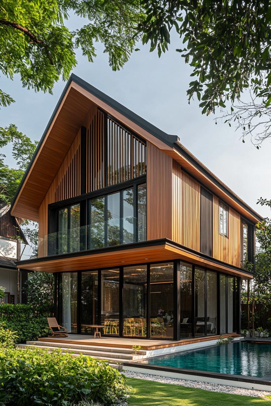 Modern Thai house with wooden slats and glass by a pool