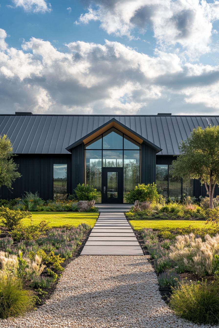 Modern farmhouse with black metal siding and lush garden