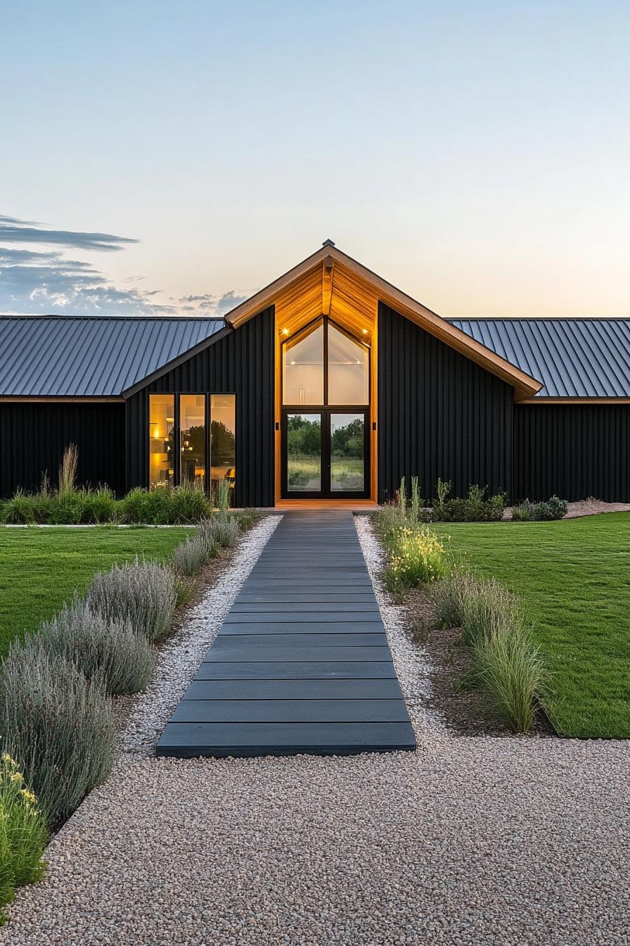 Modern black barndominium with wooden accents