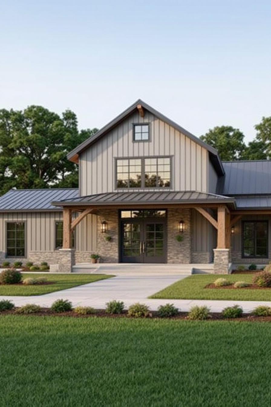 Chic barndominium with stone and wood elements