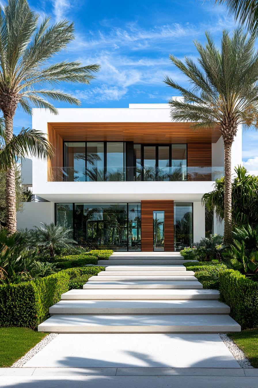 Modern beach house with palm trees and a white facade