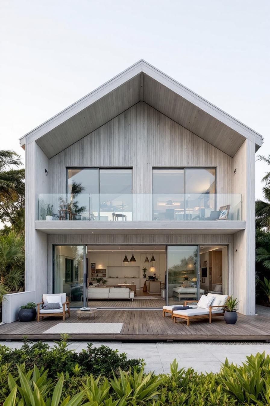 Modern beach house with large windows and wooden deck