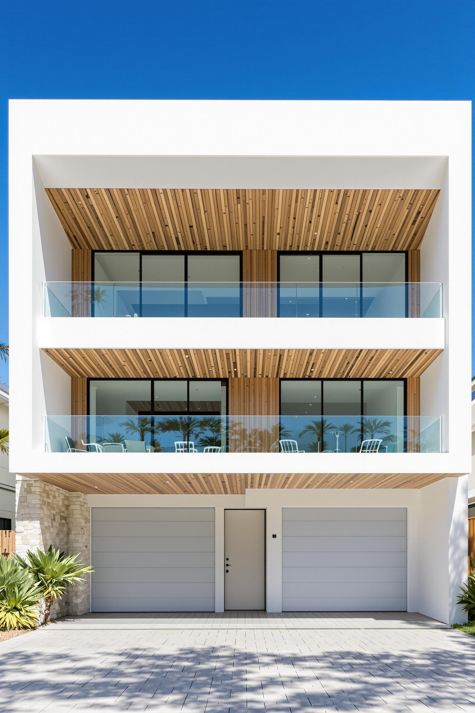 Minimalist beach house with balconies and wooden accents