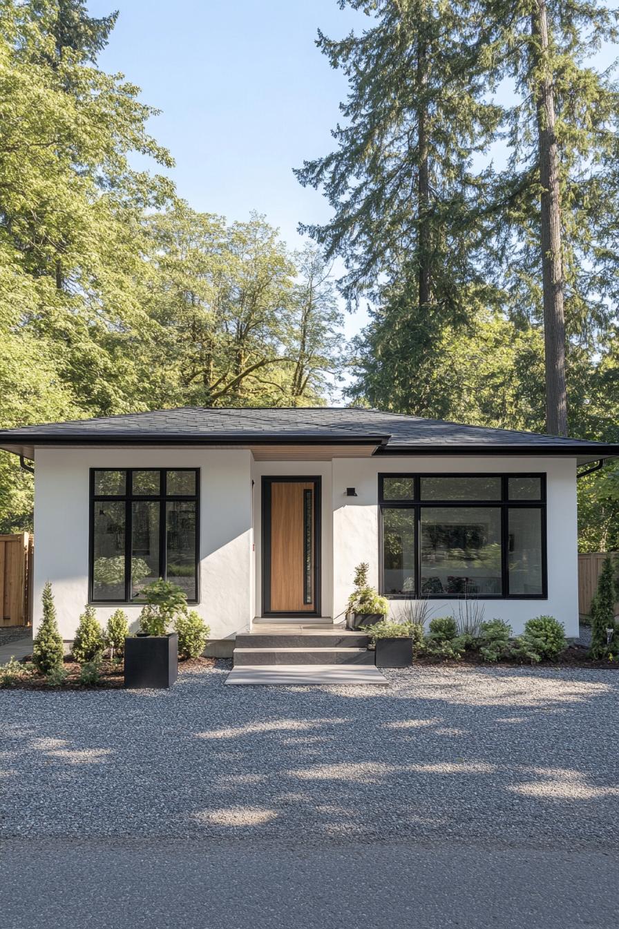 Small modern bungalow nestled among tall trees