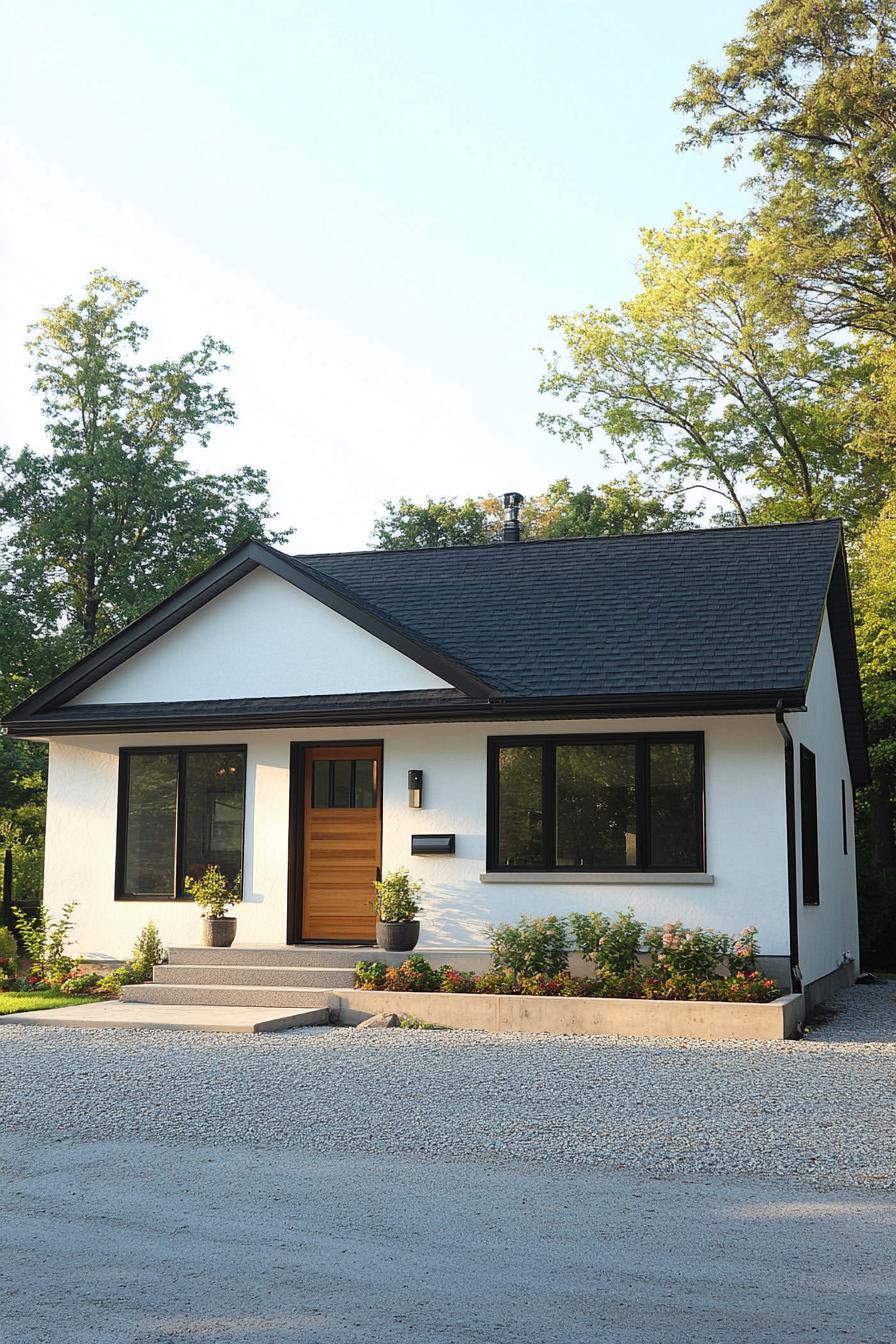 Small white bungalow with wooden door and black windows