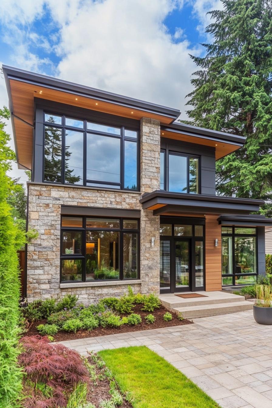 Two-story modern house with a blend of stone and wood facade