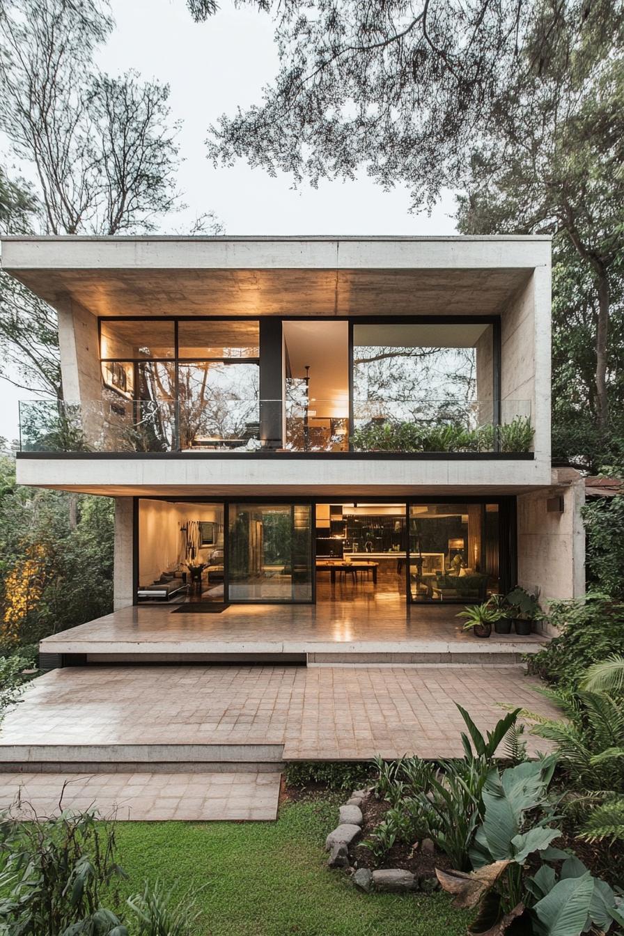 Modern house with large glass windows surrounded by trees