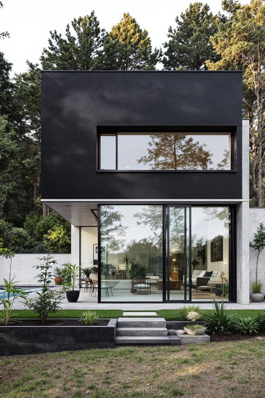 Modern house with black facade and large windows in a lush setting